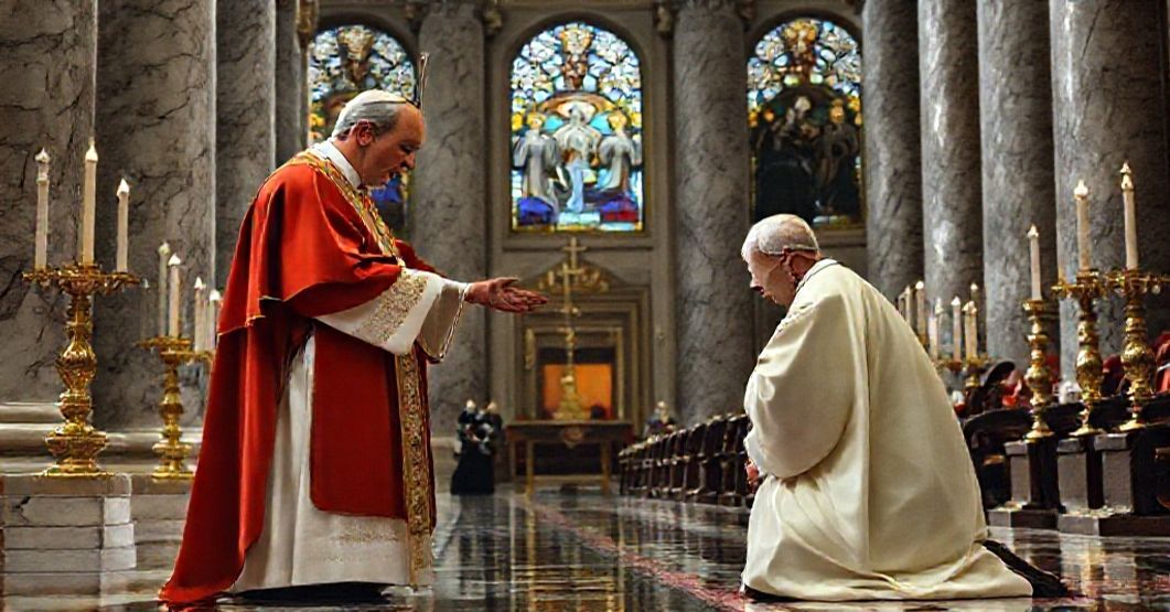 A traditional Catholic scene showing Pope John XXIII blessing Cardinal André Jullien in a solemn Vatican setting.