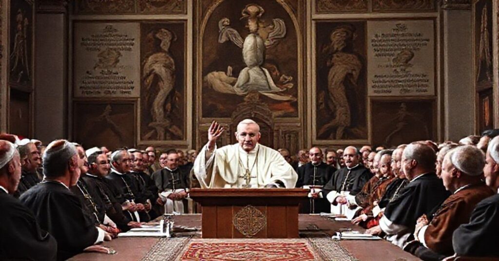 Pope John XXIII addressing the Central Preparatory Commission of the Second Vatican Council in 1962, highlighting the subversive optimism behind the conciliar revolution.