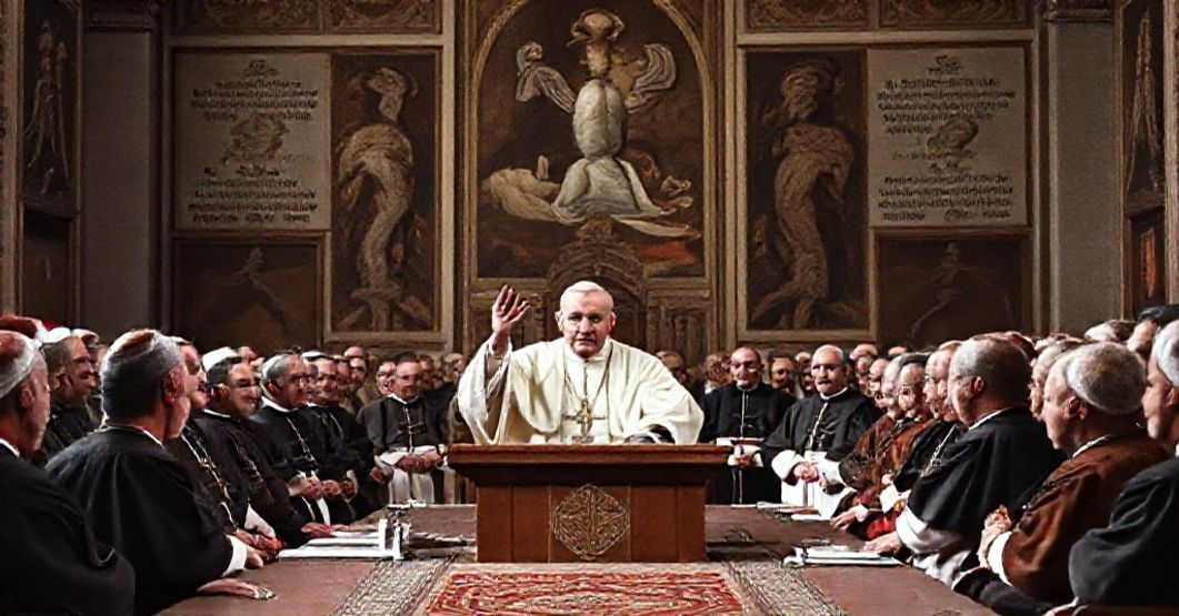 Pope John XXIII and the Subversive Prelude to Vatican II Pope John XXIII speaking to the Central Preparatory Commission for Vatican II in 1962, standing in a Vatican hall adorned with Catholic iconography.