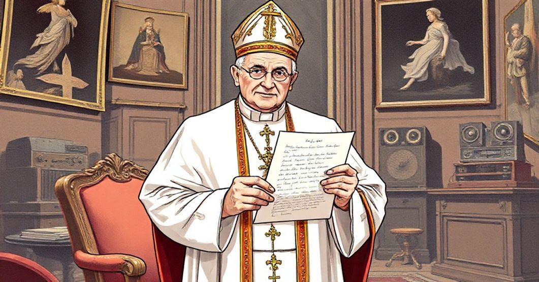 Pope John XXIII with a letter to Cardinal Joseph Frings in a Vatican office, symbolizing the theological concerns of modernist influences in the Church.