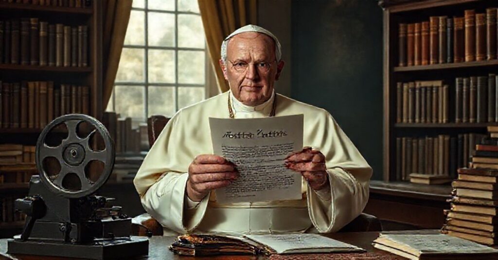 Pope John XXIII holding a letter titled 'Nostra Patris' in a traditional papal study, surrounded by books on Catholic doctrine and a vintage film reel.