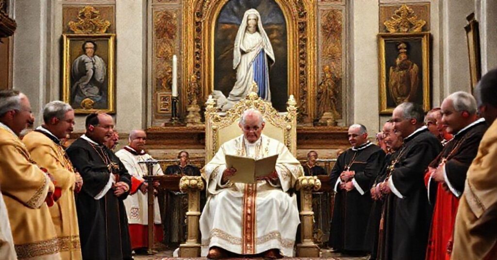 A solemn scene depicting Pope John XXIII reading the decretal letter 'Materna Caritas' in a Vatican chapel, surrounded by cardinals and bishops.