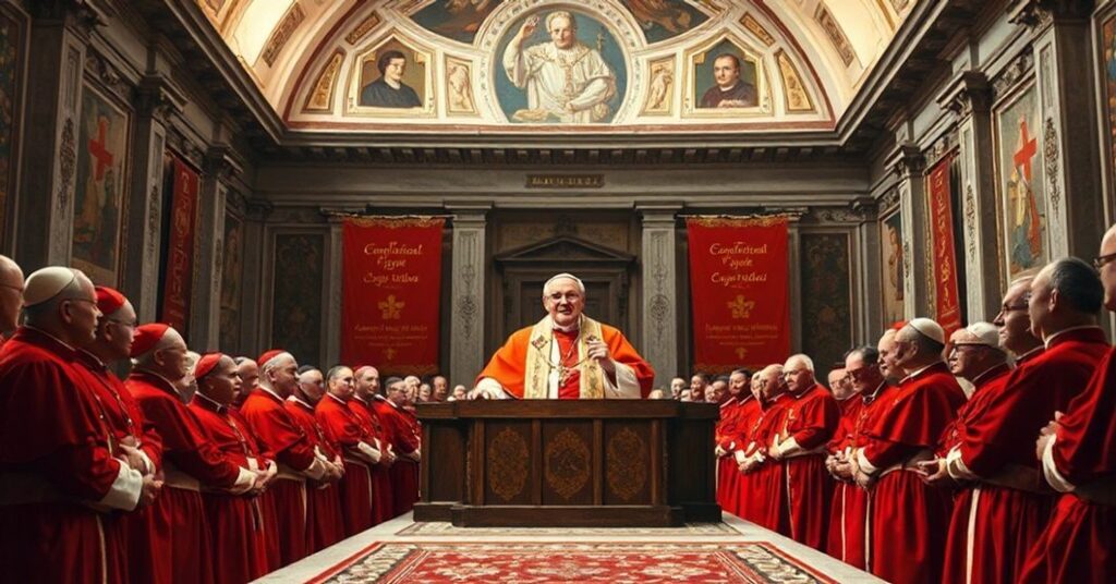 Pope John XXIII addressing cardinals during a secret consistory in 1961, reflecting the doctrinal shift towards humanitarian optimism and ecumenism.