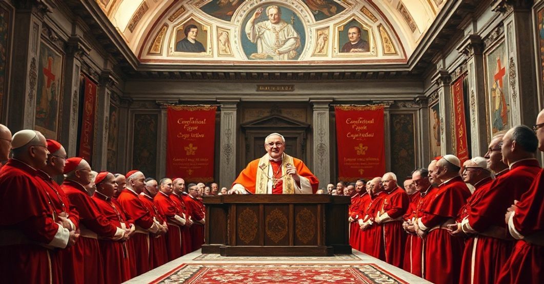 Pope John XXIII and the Secret Consistory of 1961: A Prelude to Vatican II Pope John XXIII addressing cardinals during a secret consistory in 1961, reflecting the doctrinal shift towards humanitarian optimism and ecumenism.