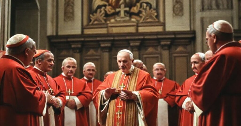 Pope John XXIII delivering a secret consistory address in 1962, surrounded by cardinals in the Lateran Basilica, emphasizing traditional Catholic hierarchy.