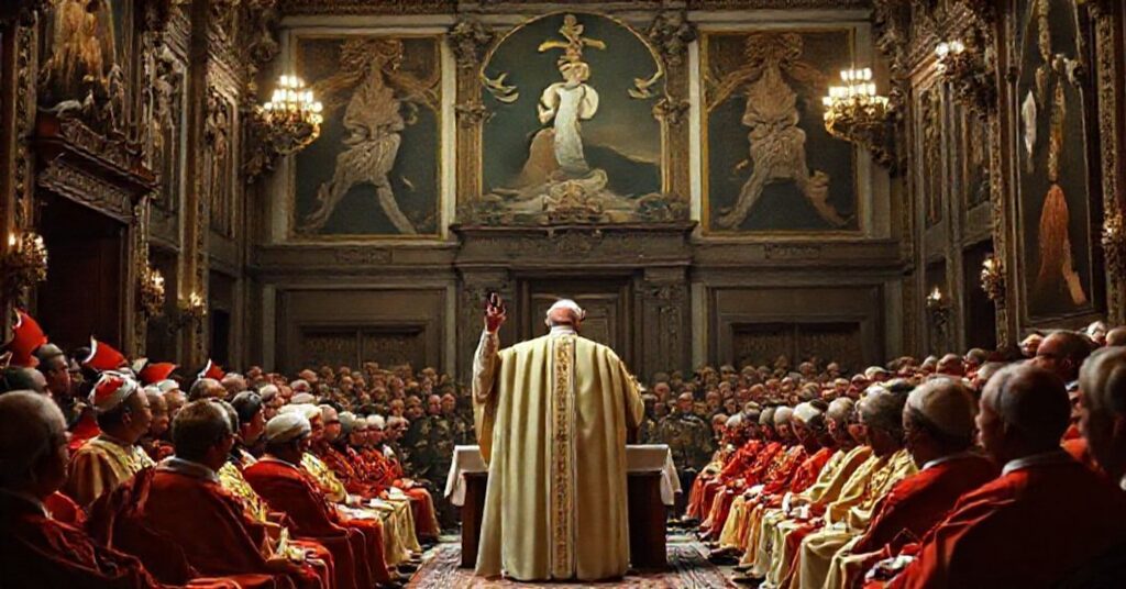 Pope John XXIII delivering his secret consistory allocution in the Vatican's Apostolic Palace on December 15, 1958.