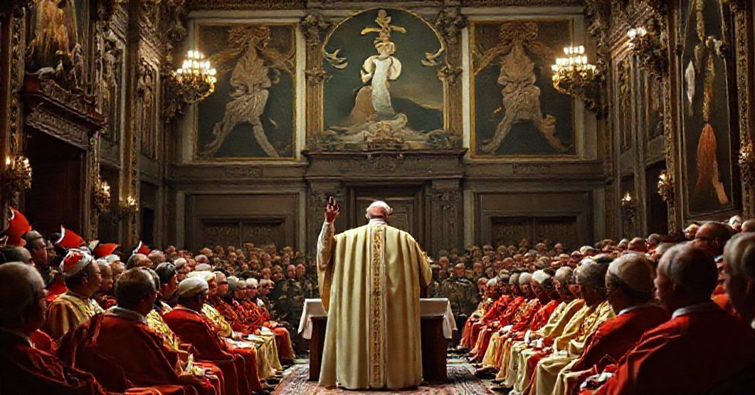 Pope John XXIII delivering his secret consistory allocution in the Vatican's Apostolic Palace on December 15, 1958.