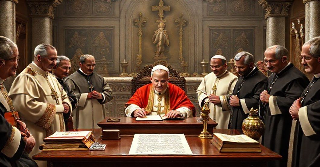 Pope John XXIII signs the 'Boni Pastoris' motu proprio document in Vatican City surrounded by Roman Curia officials and historical religious artifacts.