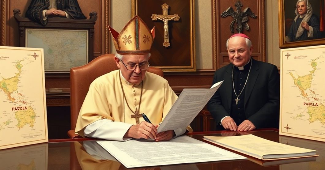Pope John XXIII signing the Latin constitution Portus Moresby in a Vatican office with maps of Papua New Guinea and marked territories of Insulae Yule and Daru.