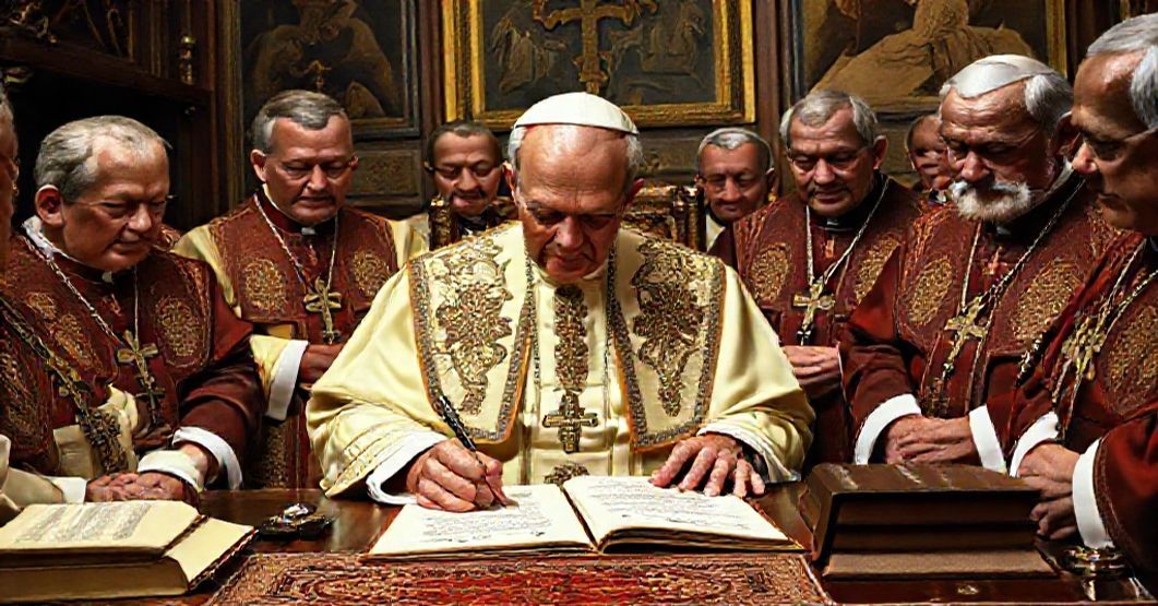 Pope John XXIII signing the Qui Servatorem document in a traditional papal study, surrounded by clergy in ornate vestments.