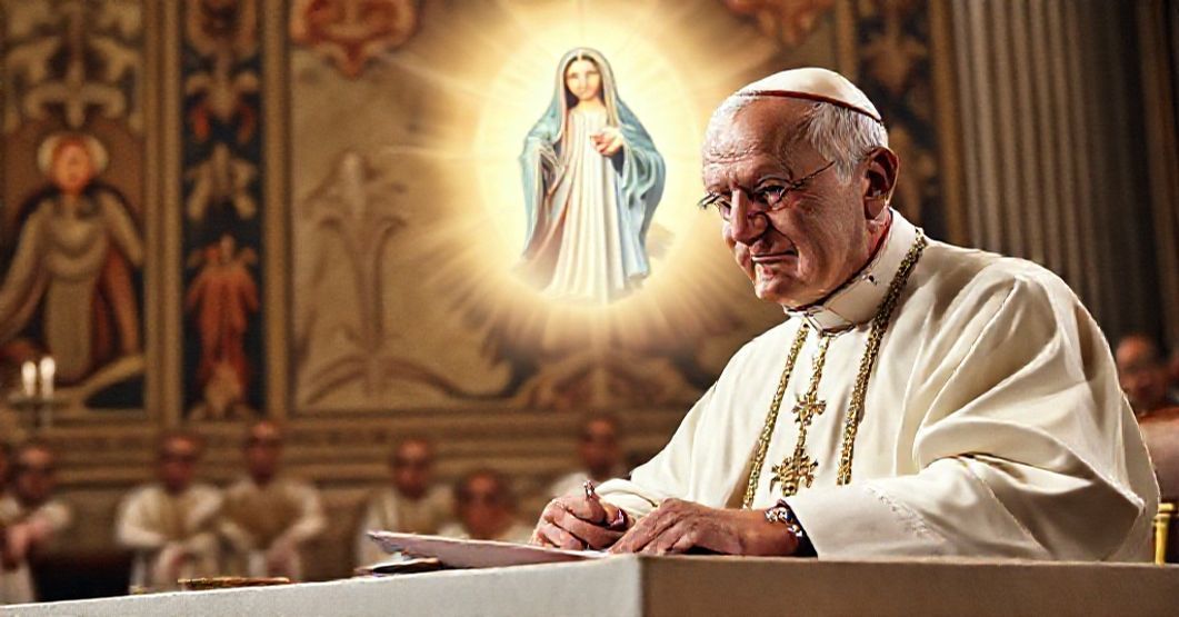 Pope John XXIII Signs 'Virgo Intaminata' Decree Image of Pope John XXIII signing the 'Virgo intaminata' decree with the Blessed Virgin Mary in a celestial glow above him.