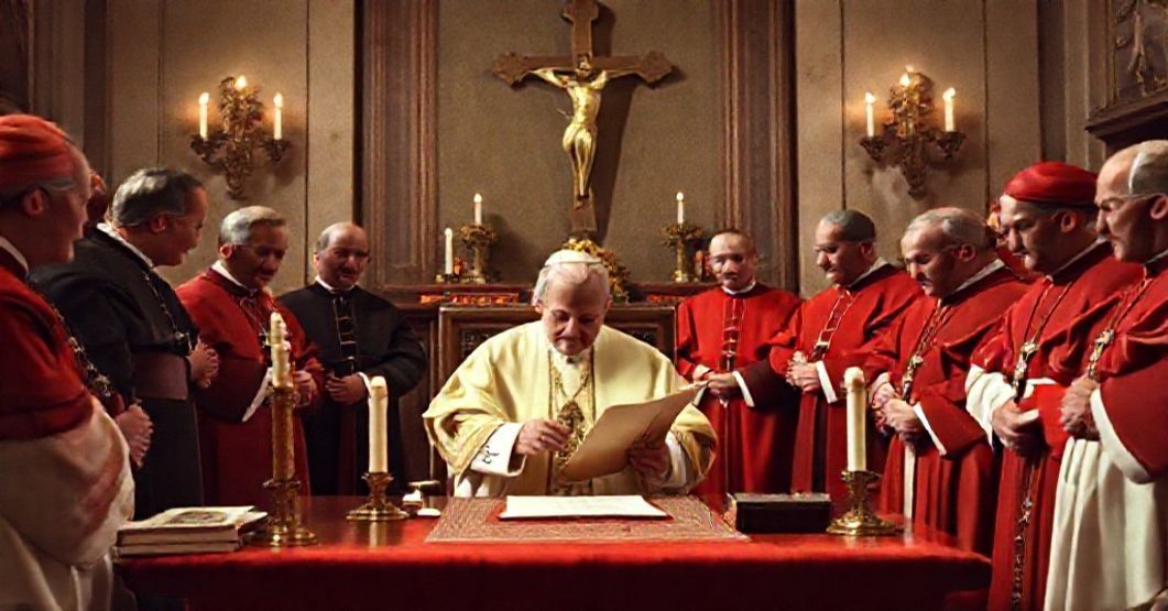 Pope John XXIII Initiates the Second Vatican Council Pope John XXIII signing the Consilium datae document in 1962, initiating the Second Vatican Council in a traditional papal study.