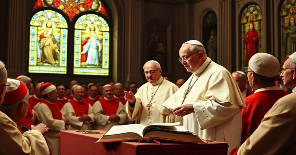 Pope John XXIII addressing the Central Commission for Vatican II in 1961, surrounded by bishops in traditional liturgical attire within the Vatican. The image reflects the sedevacantist perspective on the conciliar revolution.