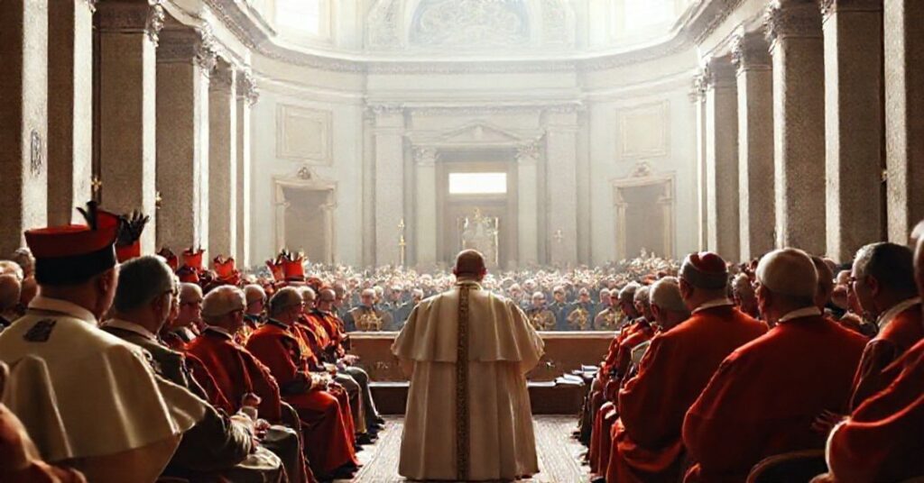 Pope John XXIII addressing the Central Preparatory Commission for Vatican II in a solemn Vatican setting, reflecting the article's critique of the council's humanistic shift.