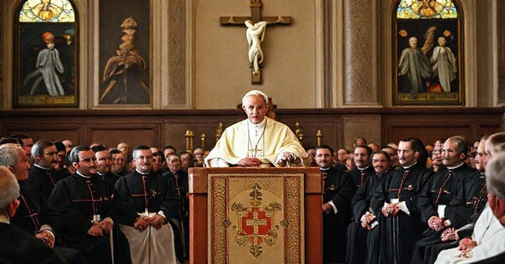 Pope John XXIII addressing clergy and seminarians in the Vatican's Apostolic Palace during a 1962 vocations congress.