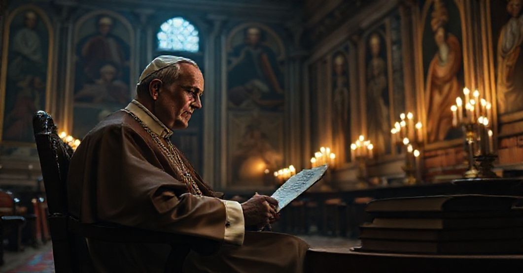 Pope John XXIII writing a letter to Cardinal André Jullien in a dimly lit Apostolic Palace room with frescoes of saints and popes.