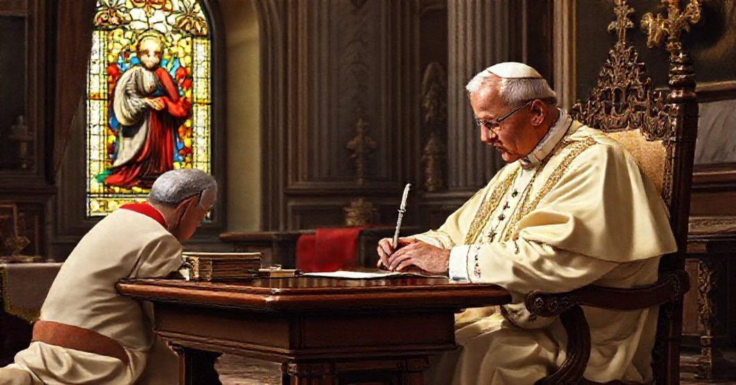Traditional Catholic image depicting Pope John XXIII writing a letter to Cardinal Ernesto Ruffini in a richly adorned papal chamber.
