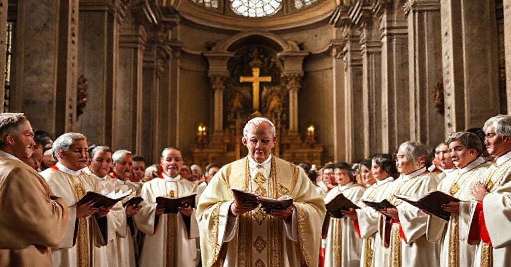 Pope Pius X in liturgical vestments surrounded by a Schola Cantorum singing Gregorian chant in a grand Roman basilica.