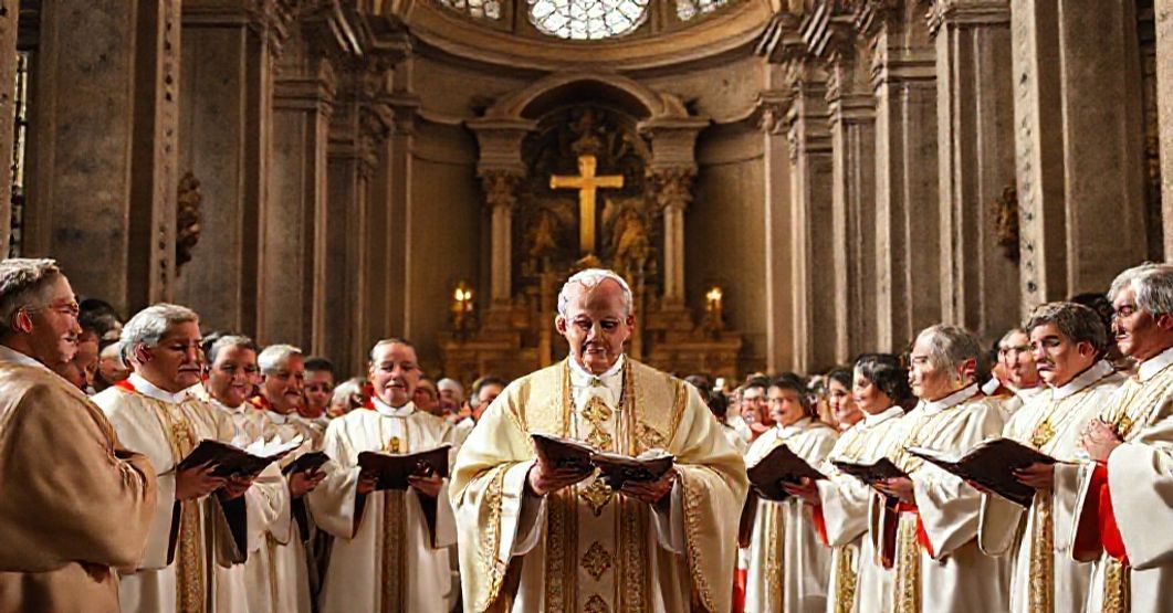 Pope Pius X in liturgical vestments surrounded by a Schola Cantorum singing Gregorian chant in a grand Roman basilica.