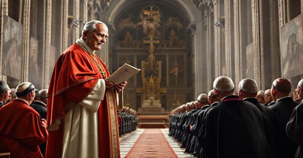A reverent image of Pope St. Pius X in a grand cathedral, holding the Syllabus of Errors while German bishops kneel before him.