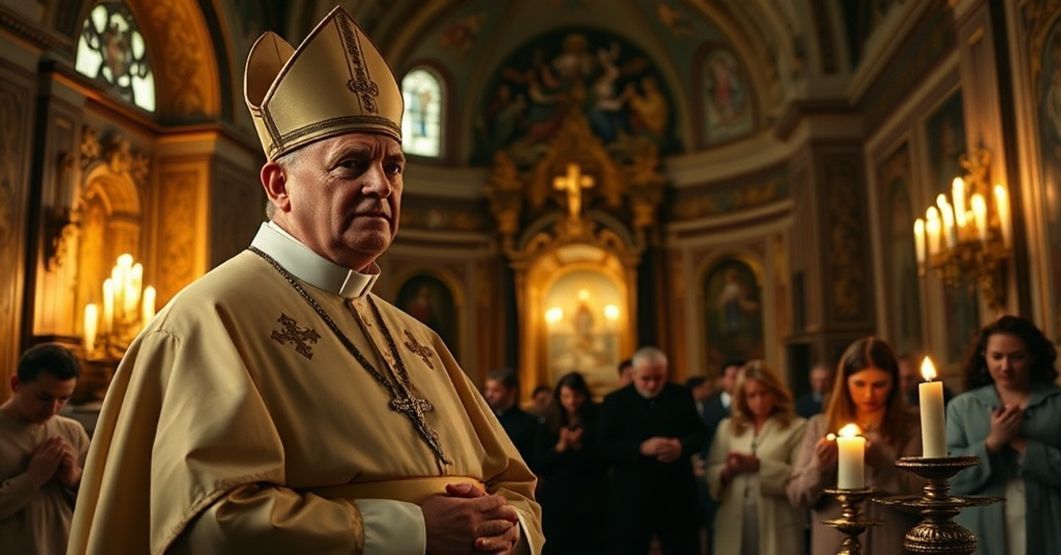 A solemn Catholic scene depicting Pope St. Pius X in a traditional chapel with devout faithful praying in the background.