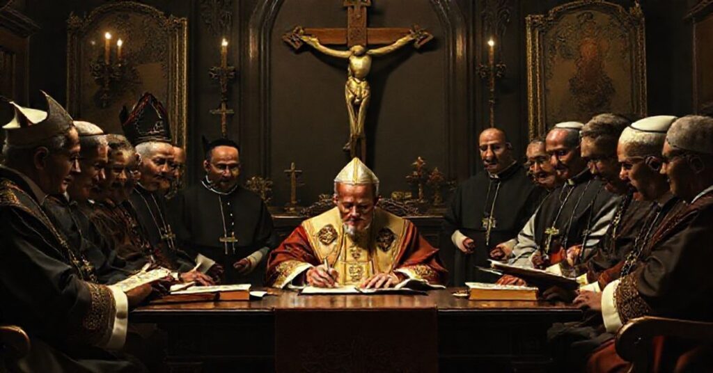A solemn scene depicting the signing of the PortaLegrensis in Brasilia decree by antipope John XXIII, surrounded by Catholic clergy in a traditional setting.