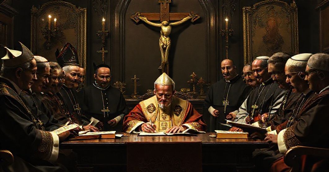 The Deceptive Formality of the PortaLegrensis in Brasilia Decree A solemn scene depicting the signing of the PortaLegrensis in Brasilia decree by antipope John XXIII, surrounded by Catholic clergy in a traditional setting.