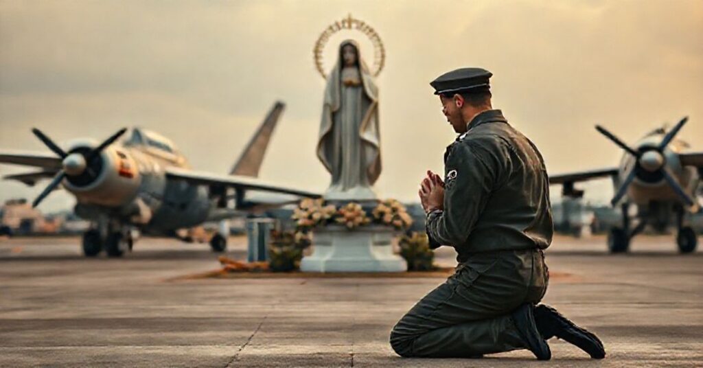 A Portuguese airman kneels in prayer before a statue of Our Lady of the Air at a 1960s airbase, reflecting traditional Marian devotion amidst modern technology.