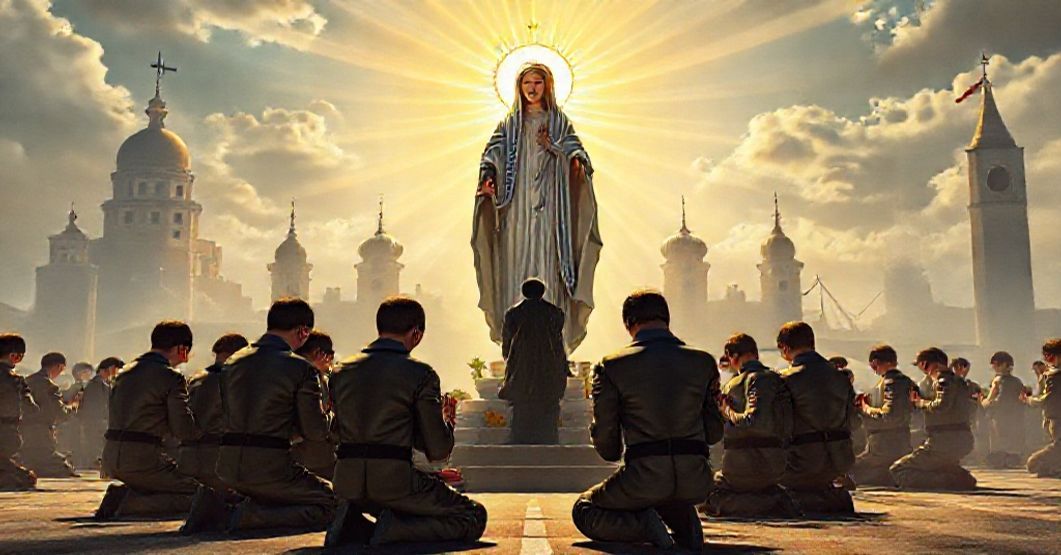 Portuguese airmen kneeling in prayer before a radiant statue of Our Lady of the Air, symbolizing traditional Catholic devotion amid a spiritual crisis.