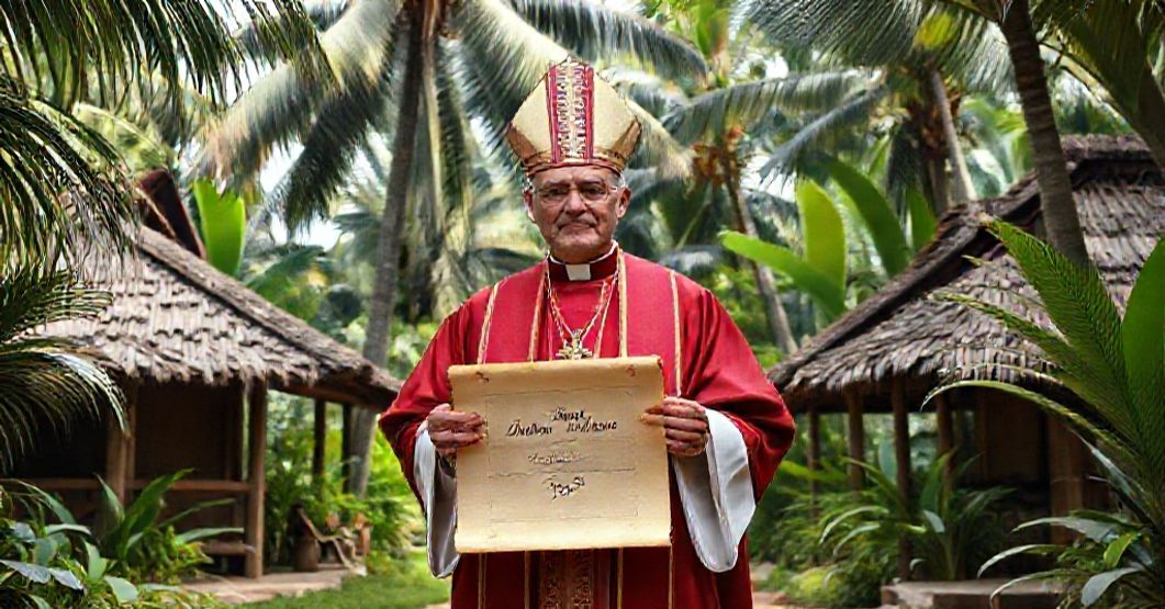 The Usurpation of Portus Moresby: A Symbol of Conciliar Betrayal Traditional Catholic priest in missionary setting with scroll labeled 'Portus Moresby 1959', symbolizing preconciliar mission and warning against conciliar revolution