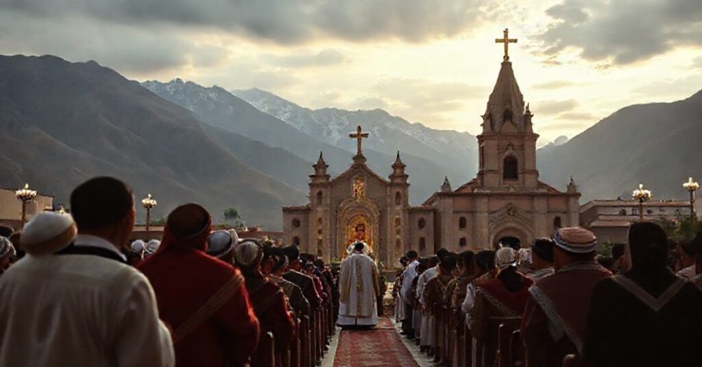 A solemn depiction of the newly erected Praelatura Nullius of Coroico in Bolivia, with a traditional Latin Mass being celebrated in the church of St. Peter, symbolizing the unchanging Catholic faith and tradition.