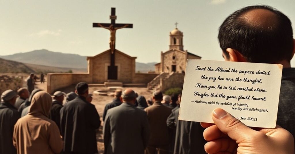 Catholic faithful in 1961 Algeria praying for peace amidst violence, symbolizing the lack of confessional clarity in John XXIII's allocution.