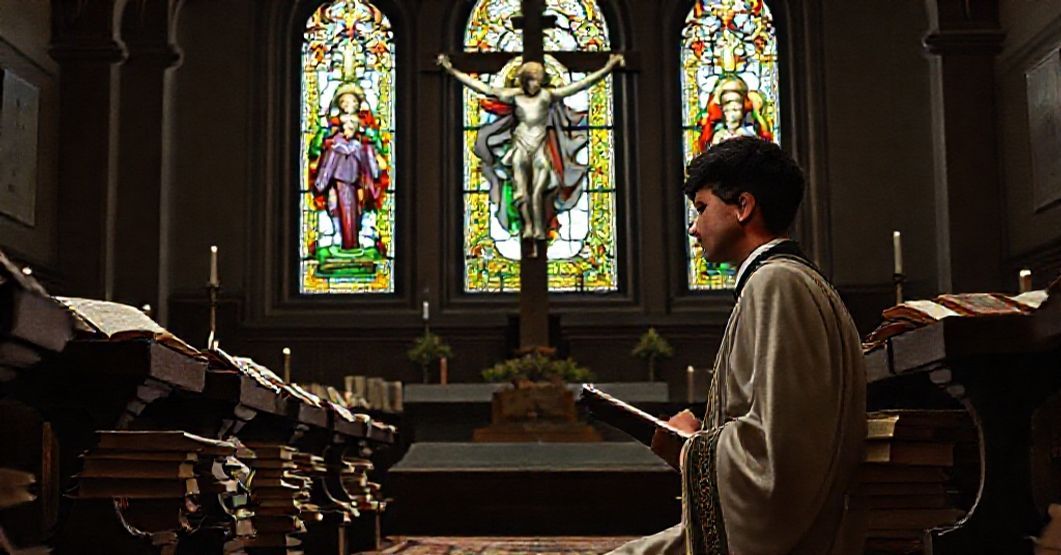 A young seminarian kneeling in prayer in a traditional Catholic chapel, surrounded by religious texts and vestments, evoking pre-conciliar piety and devotion.