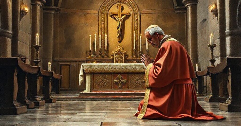 A solemn Catholic bishop in traditional vestments kneeling in prayer before an ancient altar, reflecting the pre-Vatican II Magisterium's clarity and devotion.