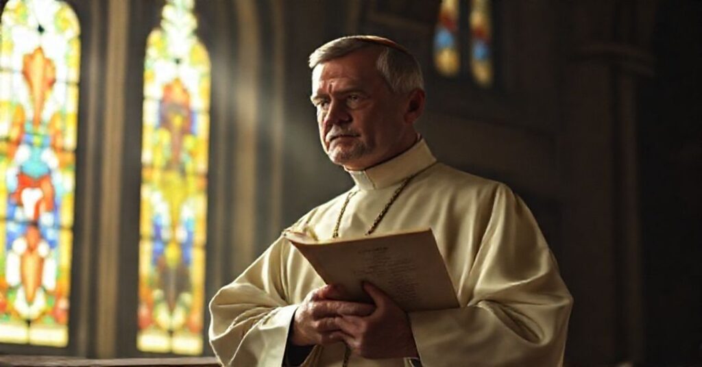 Traditional Catholic priest in a solemn church setting, holding the Council of Trent, with shadows suggesting modernist threats.
