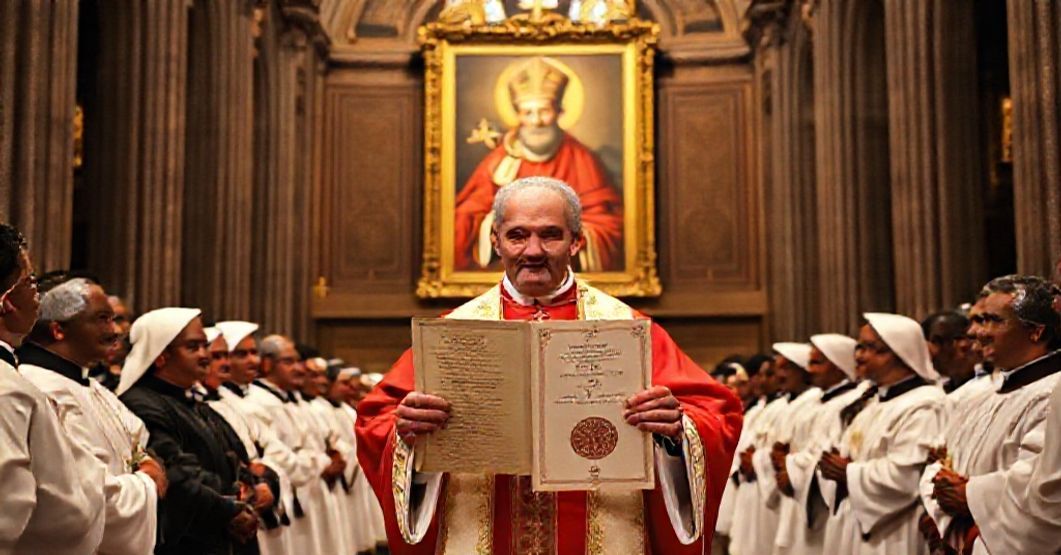 Proclamation of Saint Vincent de Paul as Patron A Catholic bishop solemnly proclaims Saint Vincent de Paul as patron of the Diocese of Arcis Delphini in Madagascar, surrounded by clergy and faithful in a grand cathedral.
