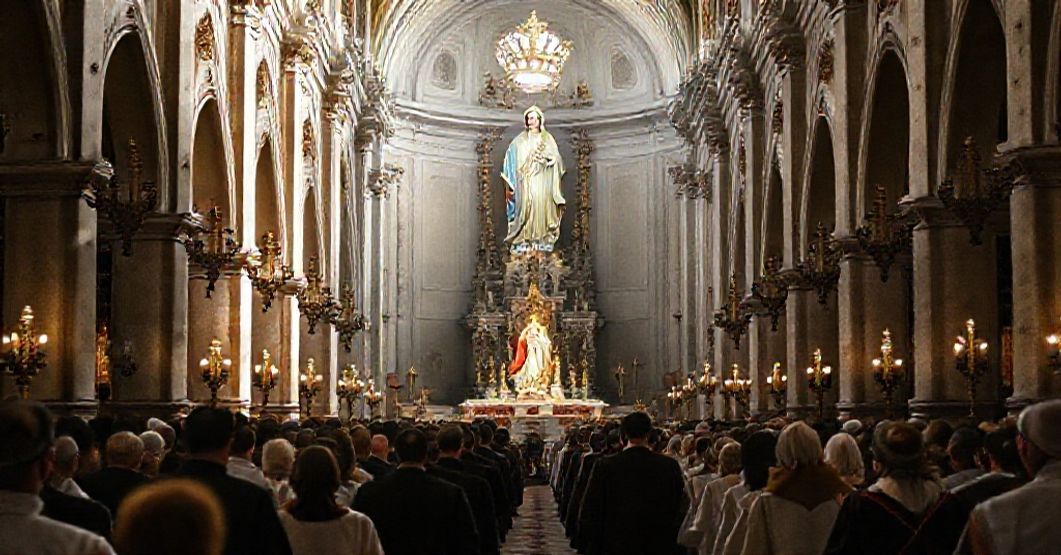 A reverent procession in the Catholic basilica of Przemyśl, Poland, under the crowned statue of the Blessed Virgin Mary, Queen of Poland.