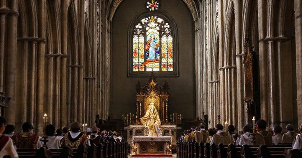 Interior of the Przemyśl Cathedral with crowned image of Our Lady and priests celebrating Mass, symbolizing piety amidst doctrinal betrayal.