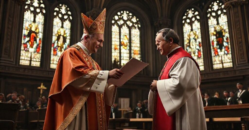 A traditional Catholic scene of antipope John XXIII presenting a letter to Archbishop Tatsuō Doi in Tokyo's grand cathedral.