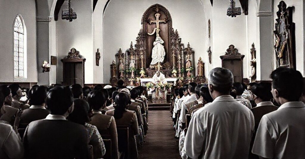 A reverent Catholic scene depicting the Philippine Islands in 1959, with a radiophonic message from John XXIII being broadcast to devout Filipino Catholics gathered in a church.