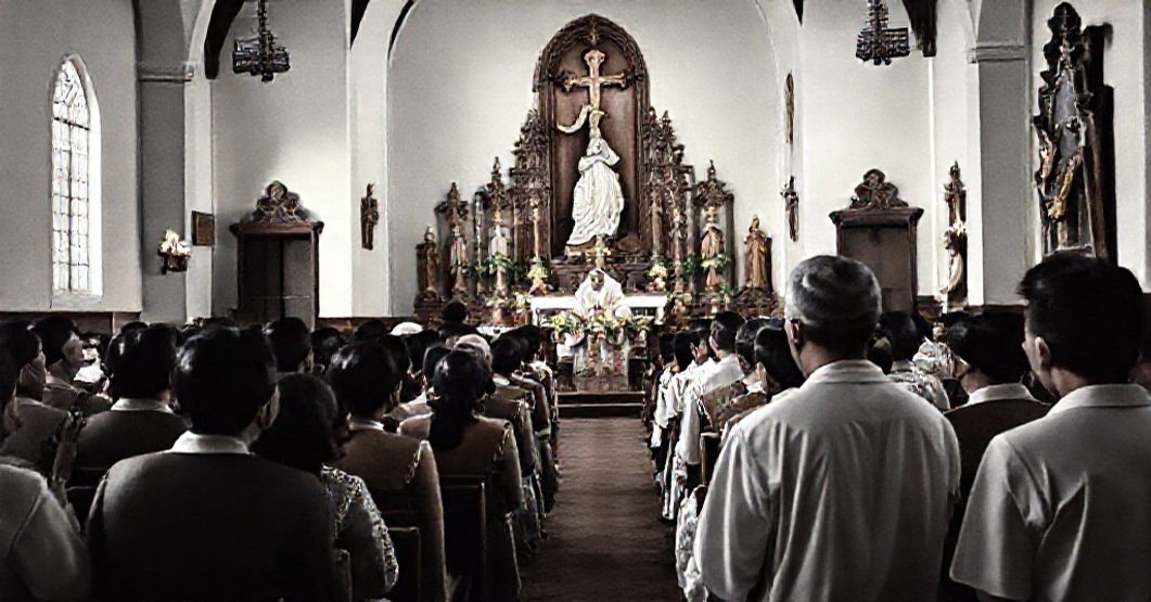 A reverent Catholic scene depicting the Philippine Islands in 1959, with a radiophonic message from John XXIII being broadcast to devout Filipino Catholics gathered in a church.