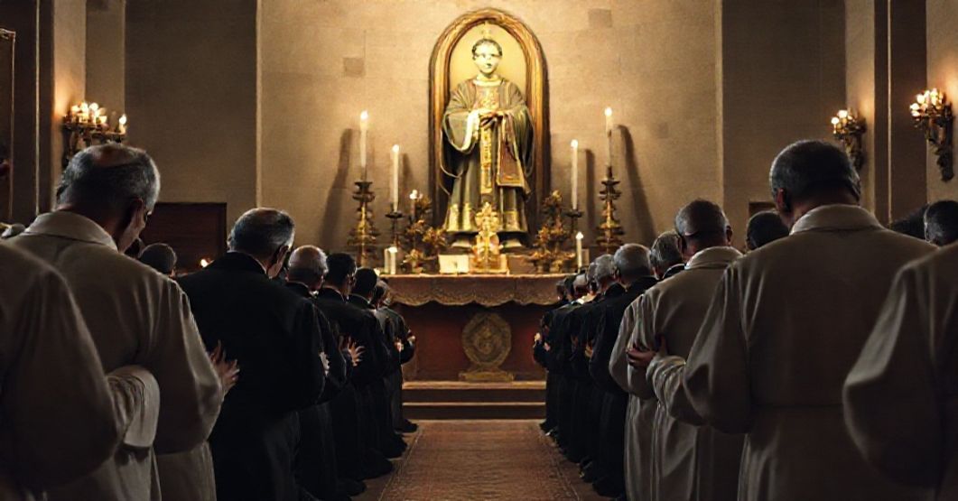 Redemptorists Praying Before St. Alphonsus During John XXIII's Address Redemptorist superiors praying solemnly in a candlelit chapel during John XXIII's 1963 allocution to the Redemptorists.