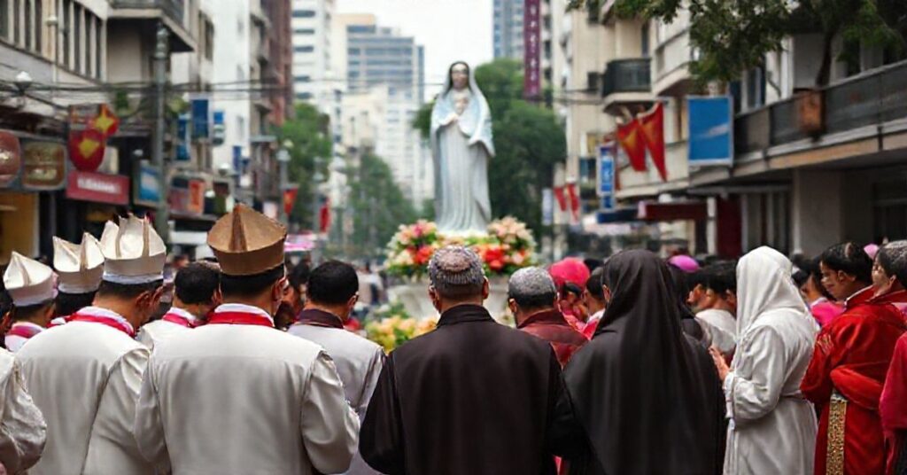 A solemn Catholic Marian gathering in Saigon, Vietnam, with Vietnamese bishops and clergy praying before a statue of Our Lady of Lourdes.