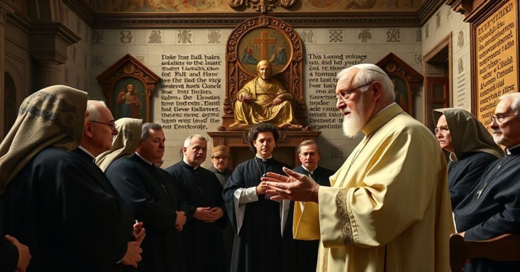 A reverent depiction of Angelo Roncalli addressing the Canons Regular of St Augustine in a traditional Catholic chapel.