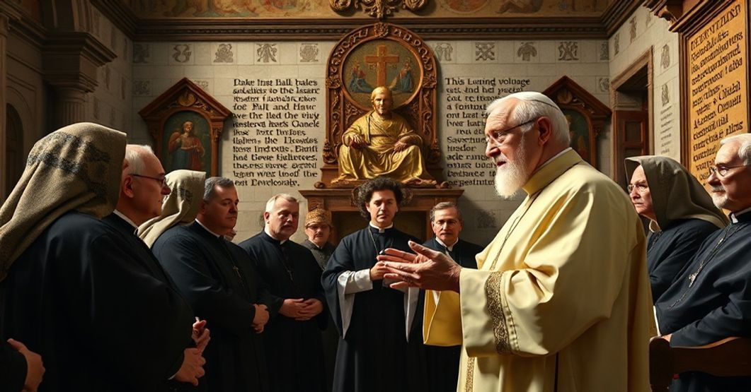 A reverent depiction of Angelo Roncalli addressing the Canons Regular of St Augustine in a traditional Catholic chapel.