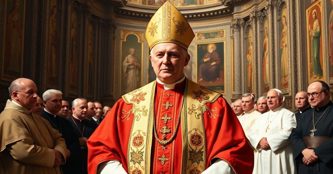 Roncalli's Diplomatic Betrayal: The Beginning of the Conciliar Revolution A solemn portrait of Roncalli (John XXIII) in papal vestments addressing German bishops in a grand cathedral, symbolizing the beginning of the conciliar revolution and the betrayal of Catholic doctrine.