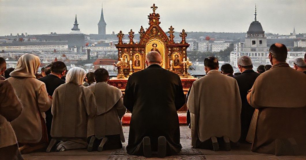 Establishment of Ruthenian Exarchate in Munich - A Moment of Faith A reverent depiction of the establishment of the Ruthenian Byzantine-rite exarchate in Munich in 1959, with Eastern Catholic faithful kneeling in prayer before a traditional altar.
