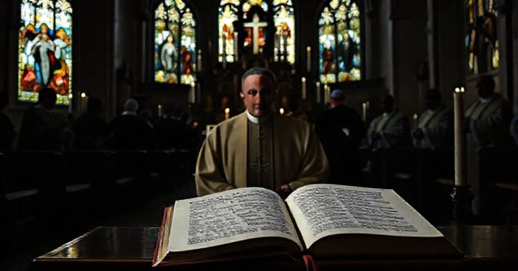 A solemn Catholic priest recites the Divine Office in a dimly lit church, reflecting on the gravity of Vatican II and the exhortation Sacrae Laudis.