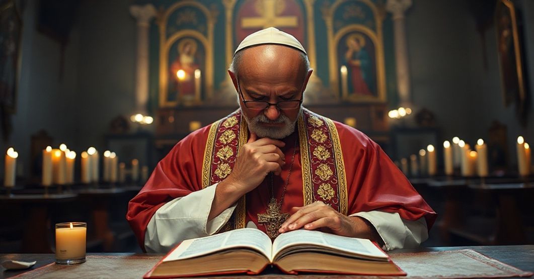 Sacrae Laudis: Liturgical Piety Enlisted for Conciliar Revolution A Catholic priest praying devoutly before an open Breviary in a dimly lit church, reflecting the theme of Sacrae Laudis by antipope John XXIII.