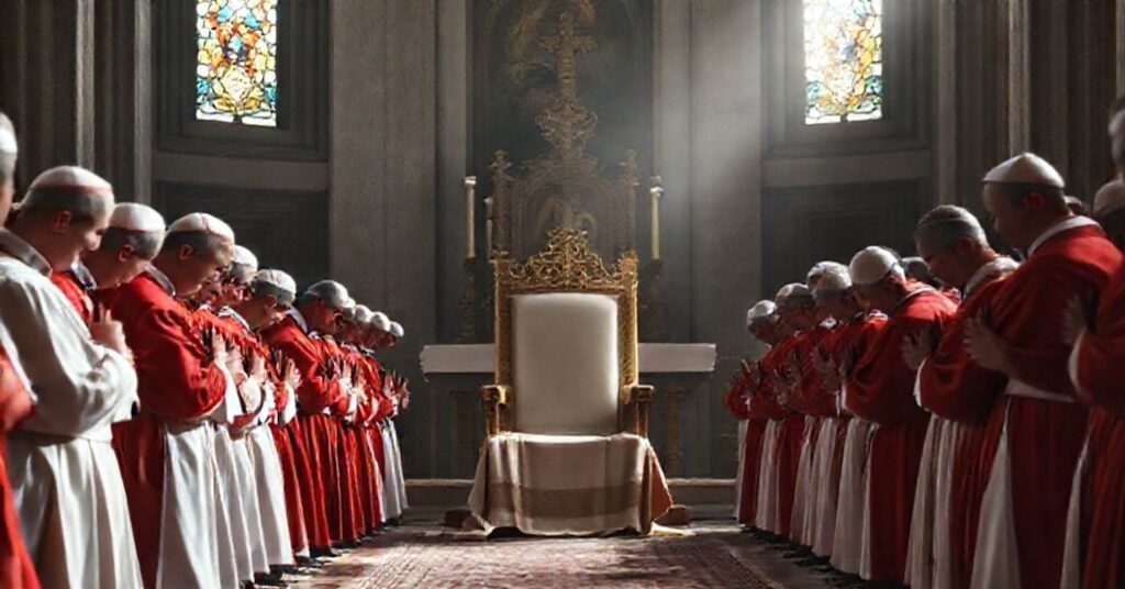 A solemn depiction of a papal election in the Sistine Chapel, with cardinals in traditional robes praying and casting ballots under soft natural light.